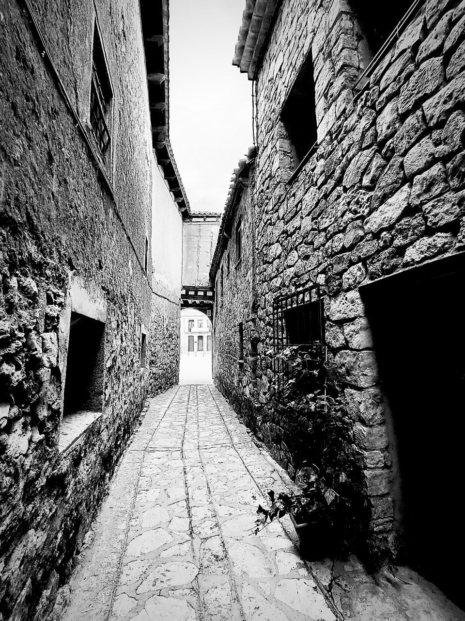 architecture, built structure, black and white, building exterior, white, monochrome, alley, black, monochrome photography, the way forward, building, street, no people, road, wall, wall - building feature, city, day, darkness, nature, old, outdoors, footpath, residential district, narrow, house, brick wall, diminishing perspective, infrastructure, history, brick