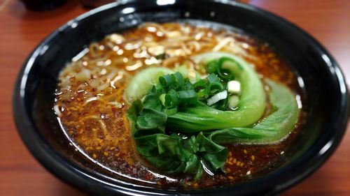 High angle view of soup in bowl on table