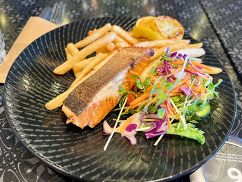 High angle view of food in plate on table