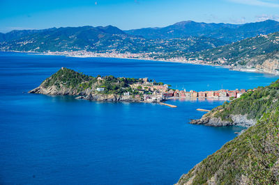 View over the peninsula of sestri levante from the trail of punta manara, on the italian riviera