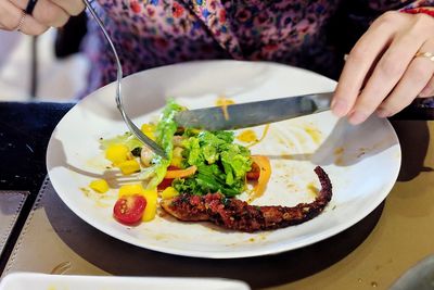 Close-up of woman holding food in plate