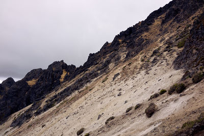 Low angle view of rocky mountains against sky