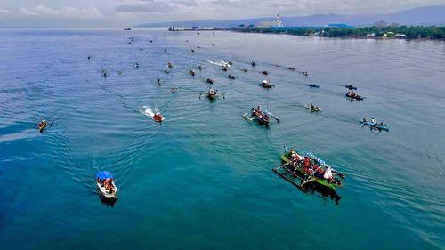 High angle view of boats in sea