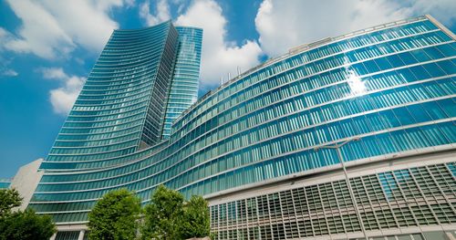 Low angle view of modern building against sky