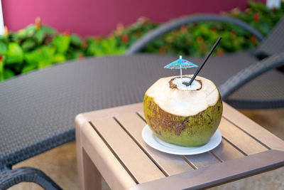 Close-up of cake served on table