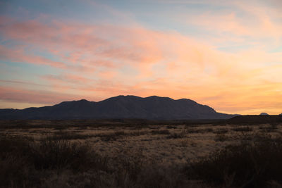 Scenic mountain and desert landscape view of sunset in big bend national park, texas