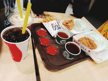 High angle view of food served on table