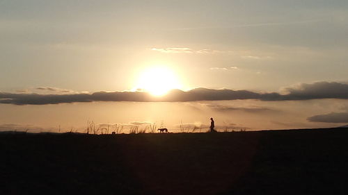 Silhouette man on field against sky during sunset