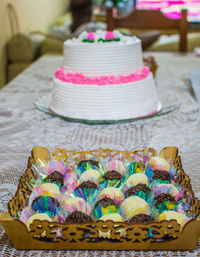 Multi colored cake on table