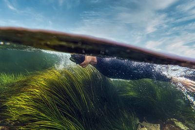 Man wearing diving suit and goggles diving in to sea