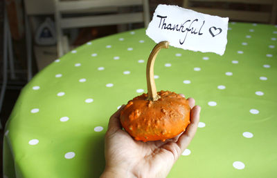 Close-up of hand holding pumpkin and note, thanksgiving day