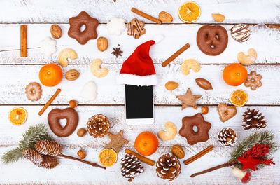 Christmas decorations on wooden floor