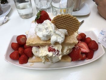 High angle view of dessert in plate on table