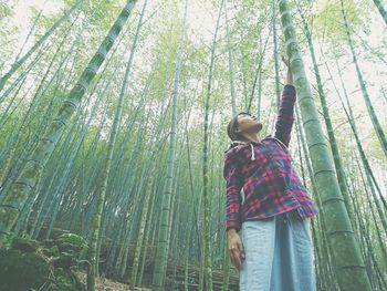 Low angle view of woman looking up while standing by bamboo plants