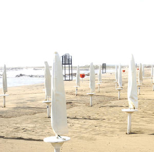 Closed white parasols at beach