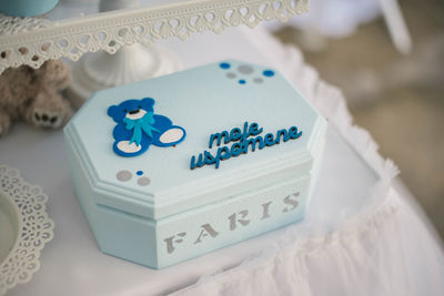 High angle view of text on white at home