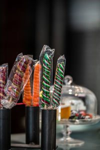 Colorful lollipops in candy store