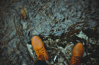 Low section of person on rock by sea