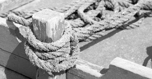 Close-up of rope tied on wood