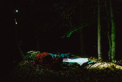 View of people sleeping on field at night