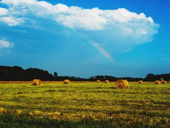 Scenic view of grassy field against cloudy sky