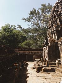 Trees in front of temple against sky