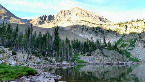 Scenic view of lake agnes against mountains