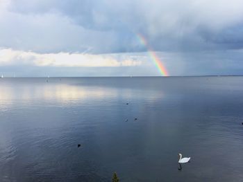 Scenic view of rainbow over sea against sky