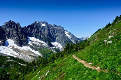 Scenic view of mountains against clear blue sky