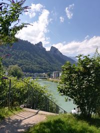 High angle view of trees and mountains against sky