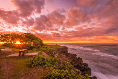 Scenic view of sea against orange sky