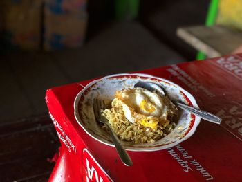 High angle view of dessert in bowl on table