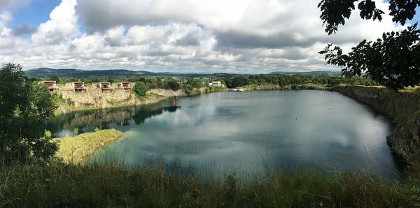Scenic view of lake against cloudy sky