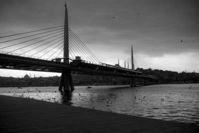 View of suspension bridge over river