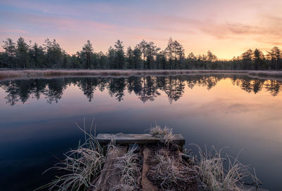 Scenic view of lake against sky at sunset