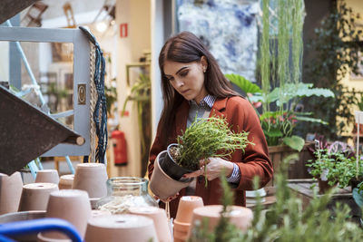 Female customer looking at potted plant in store