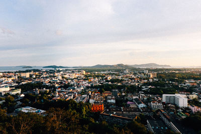 High angle shot of townscape against sky