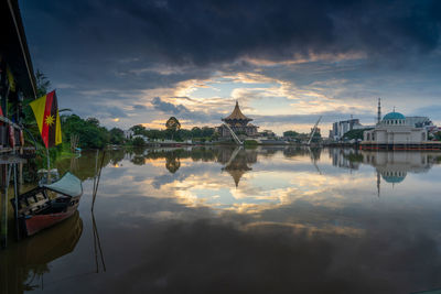 Panoramic view of lake against sky during sunset