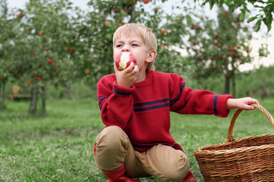 Side view of boy holding basket