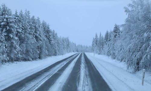 Road amidst snow covered trees against sky