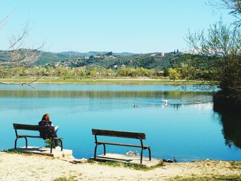 Scenic view of lake against clear sky