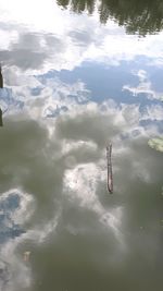 High angle view of reflection in lake against sky