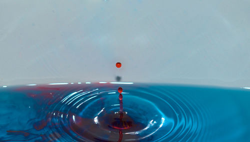 Close-up of water drop against blue background