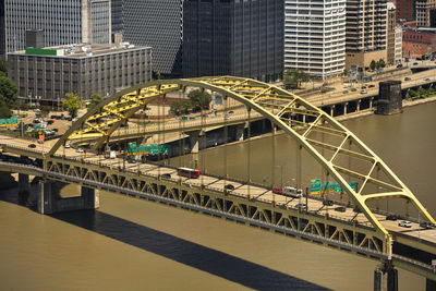 Bridge over river by buildings in city