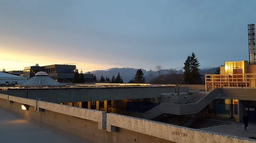 Buildings in city during sunset