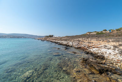 Scenic view of beach against clear blue sky