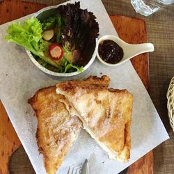 High angle view of food in plate on table