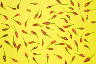 Full frame shot of scattered red chili peppers against yellow background