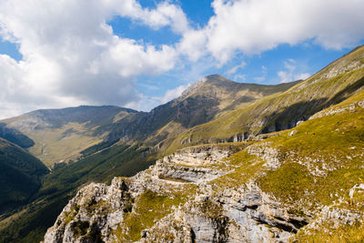 Scenic view of mountains against sky in montefortino, marche italy