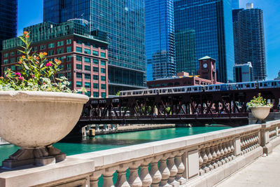 Reflection of bridge in swimming pool against buildings in city